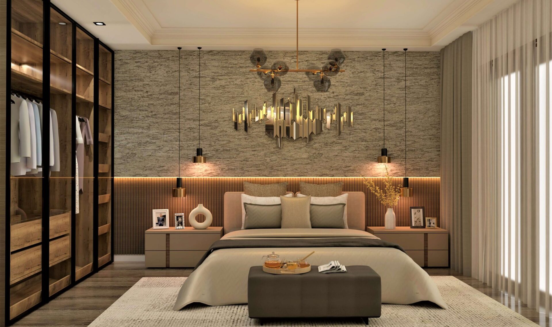 Contemporary master bedroom design with textured wall - Beautiful Homes